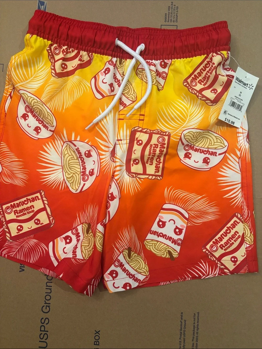 NWT Maurchan. Orange-Red Gradient Ramen Print Hybrid Swim trunks